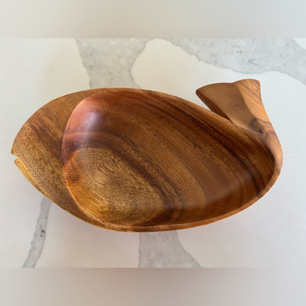 Vintage MCM Monkey Pod Wood Fish Whale Serving Bowl